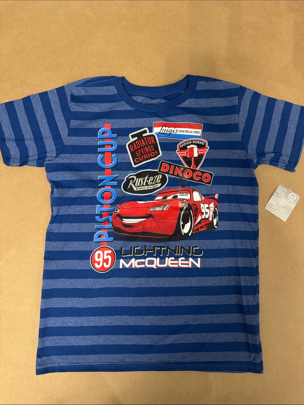 Disney Boys L Blue Striped Lightning McQueen Piston Cup T-Shirt